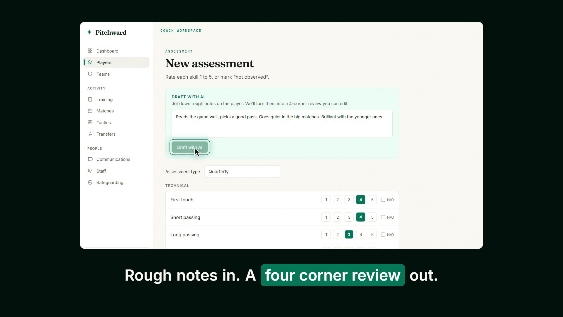 The new assessment screen in Pitchward, with rough notes being turned into a four corner review