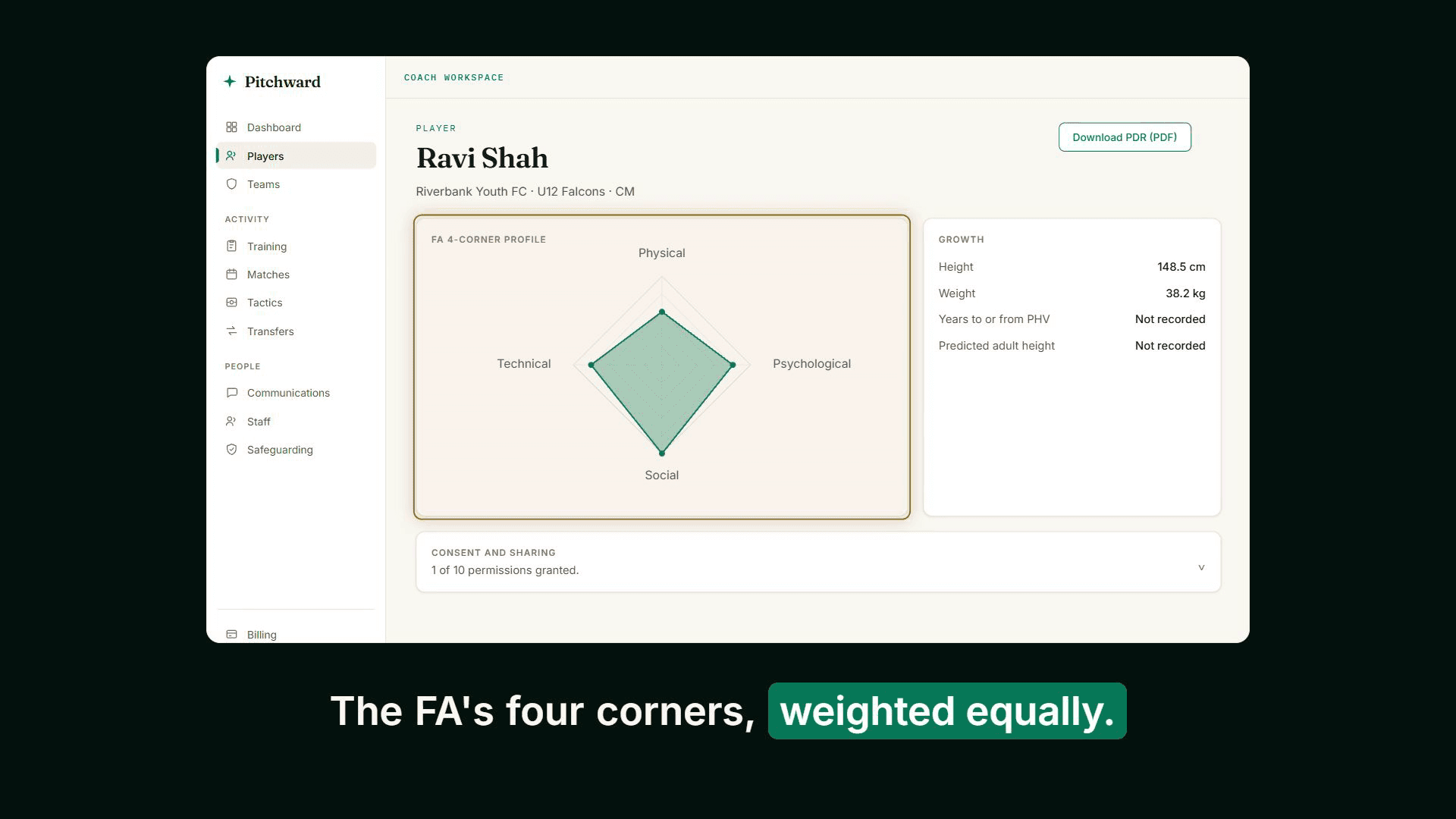 A frame from the demo: the four corner profile on a player's record in Pitchward