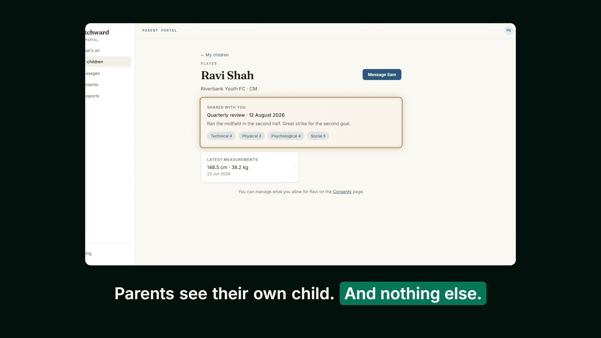 The parent portal in Pitchward, showing one child's shared review and measurements